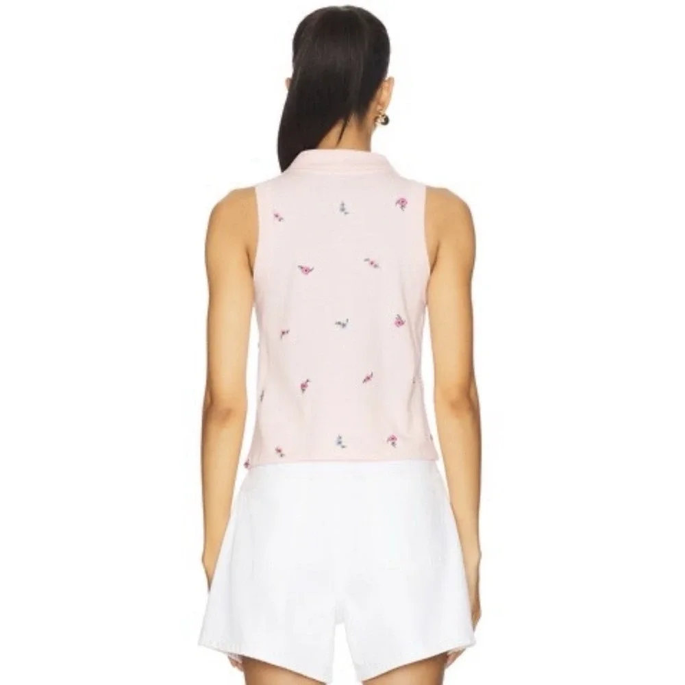 Free People Pink Pepper Knit Polo Sz S Embroidered Floral Preppy $90